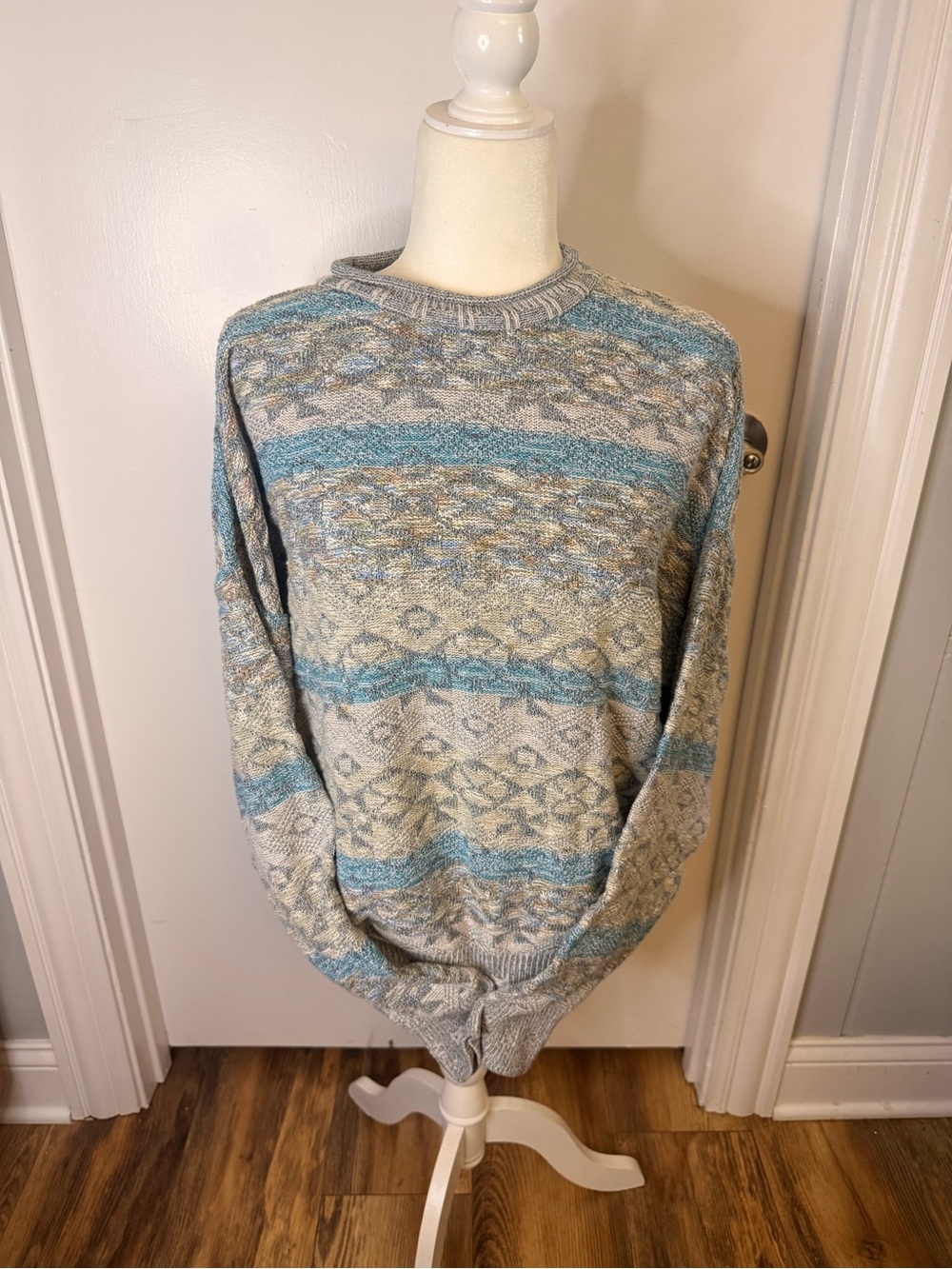 Unisex Crewneck Patterned Conti De Milano Sweater in Blue & Gray from Italy